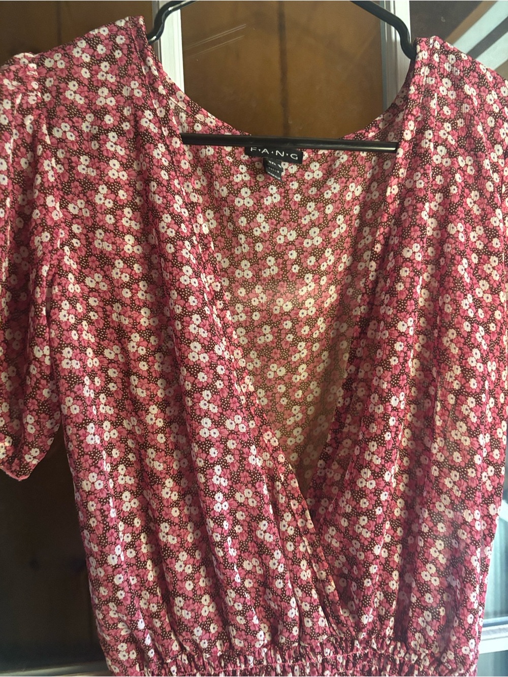 FANG Pink Floral Wrap Blouse with Elastic Waist